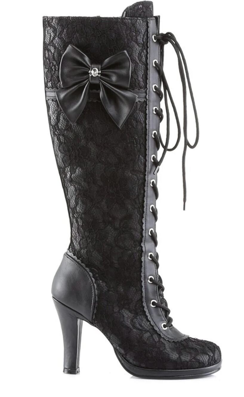 Demonia Black Lace Knee-High Heeled Boots with Bow
